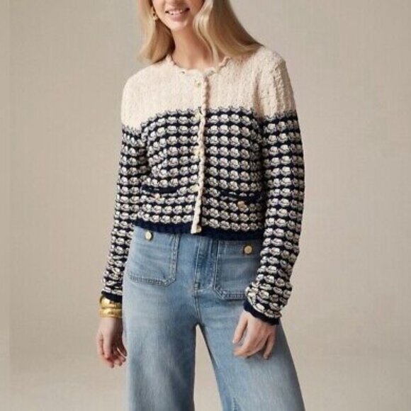 J.CREW Lady Jacket large Textured Crochet Cardigan NEW Ivory Navy BZ467 jcrew - Picture 1 of 4